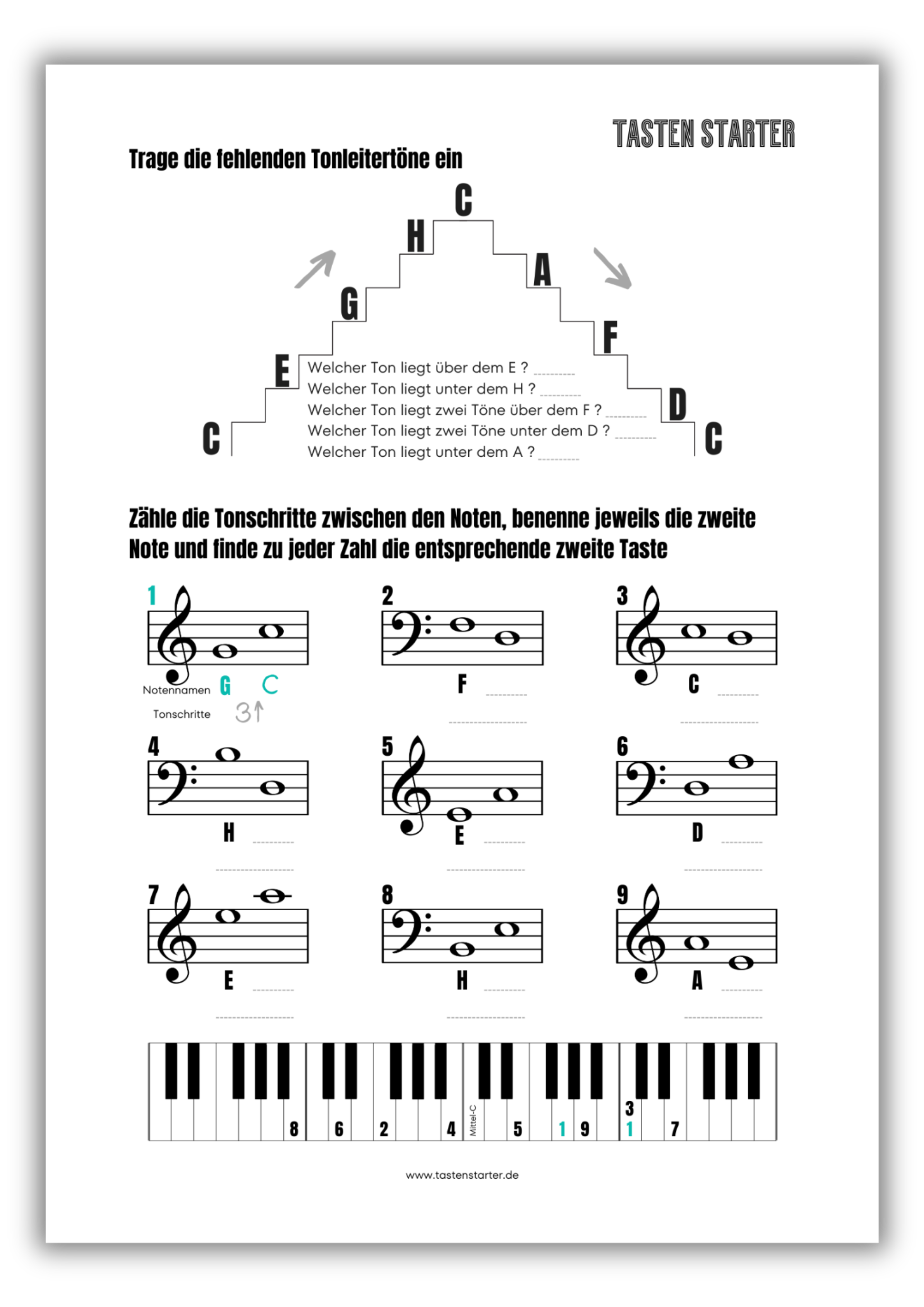 Stammtoene und Tonschritte Arbeitsblatt - Tasten Starter